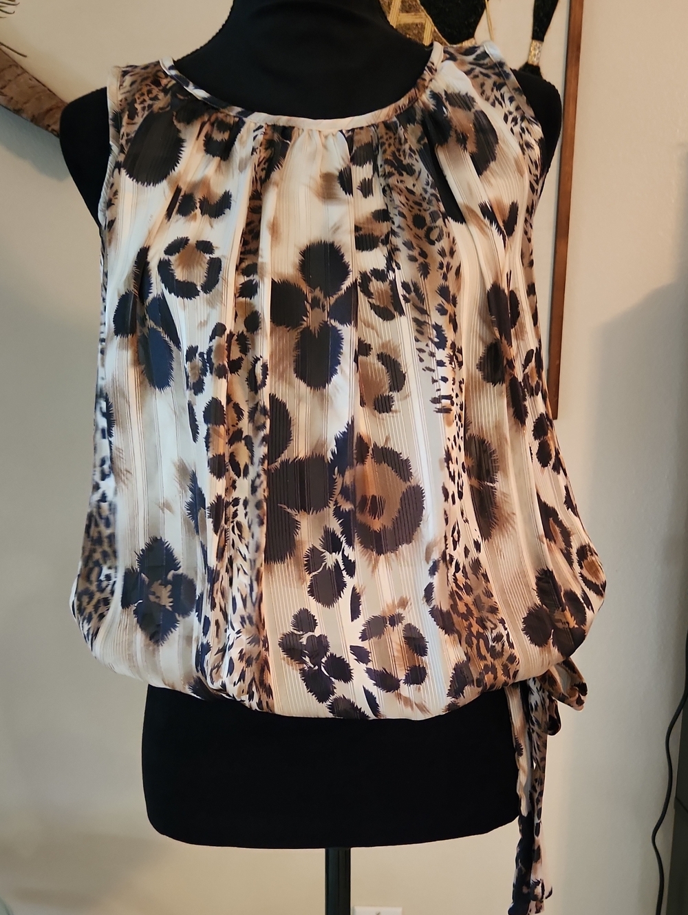 Cache Floral and Animal Print Sleeveless Camisole in Cream and Brown